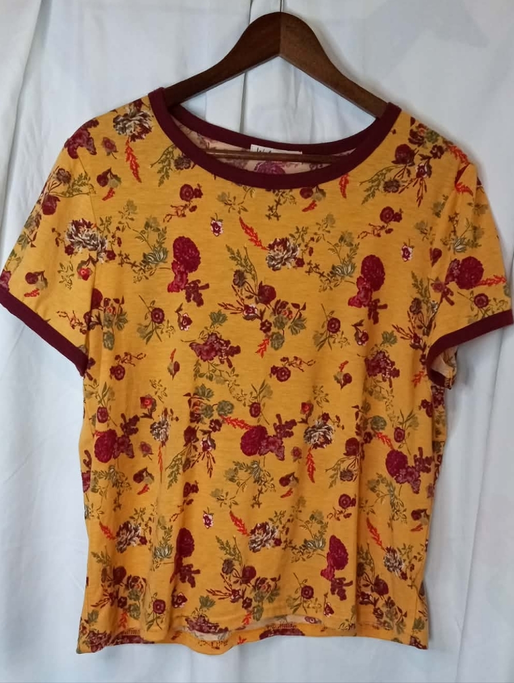 XL Wallflower Mustard Floral Ringer Shirt Burgundy Trim Vintage Fairy Retro